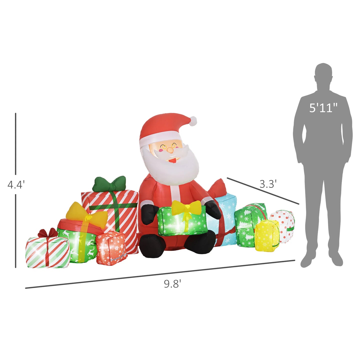 4.4' Christmas Inflatables Santa Claus and Gift Boxes with White LED Lights, Blow-Up Outdoor Christmas Decorations for Lawn Garden Party