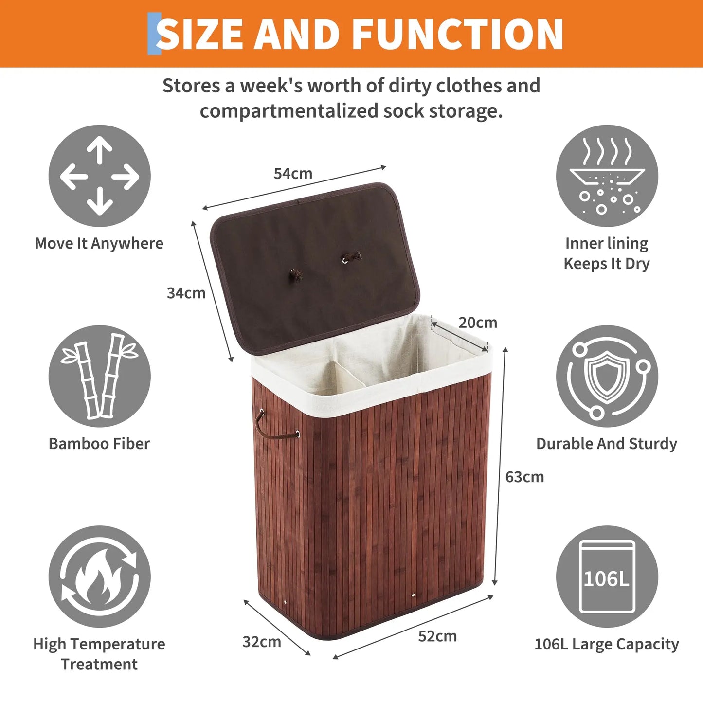 HiMISS Bamboo Laundry Hamper With Removable Four Section Liner