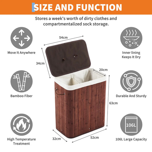 HiMISS Bamboo Laundry Hamper With Removable Four Section Liner