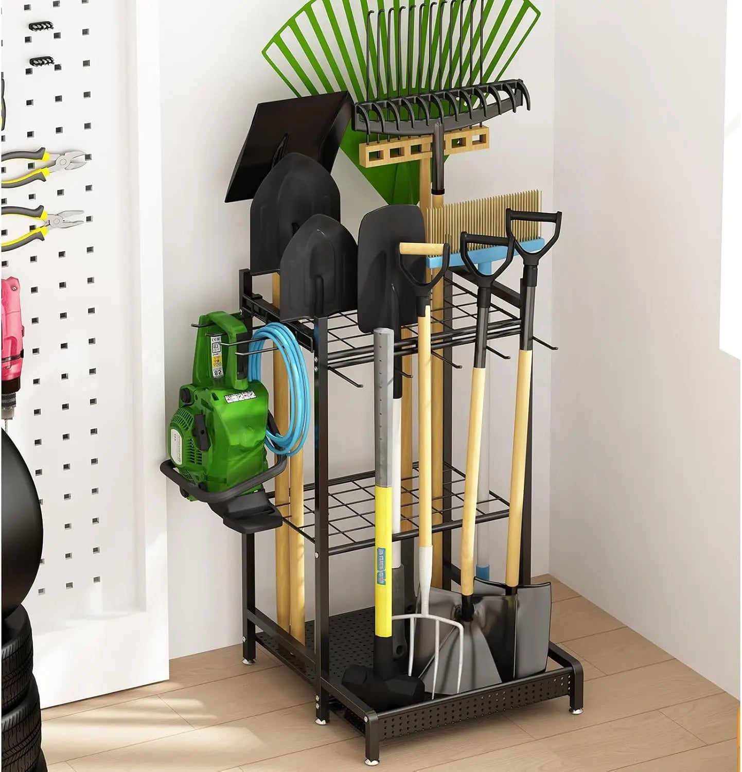 Heavy Duty Metal Tool Organizer Rack With Hooks For Garage