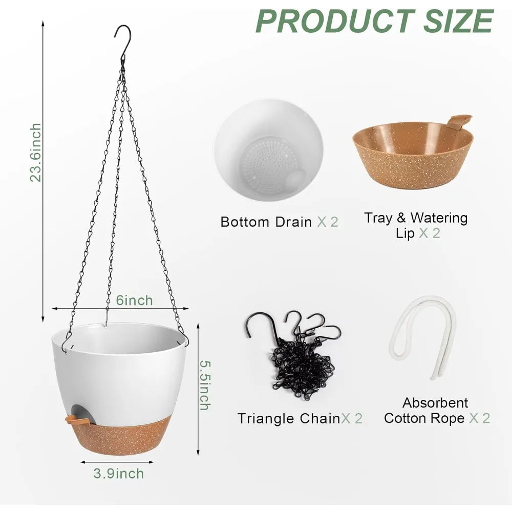 Self-Watering Hanging Planters 2-Pack, 6" White with Drainage & Removable Tray