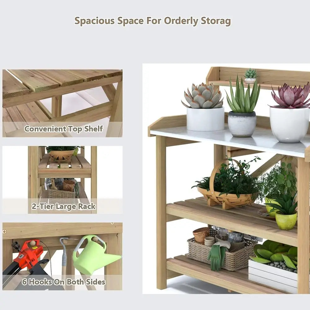 Garden Potting Bench, Gardening Work Station Table with 2 Storage Shelves, ir Wood Structure & Metal Tabletop, Garden Table Pott