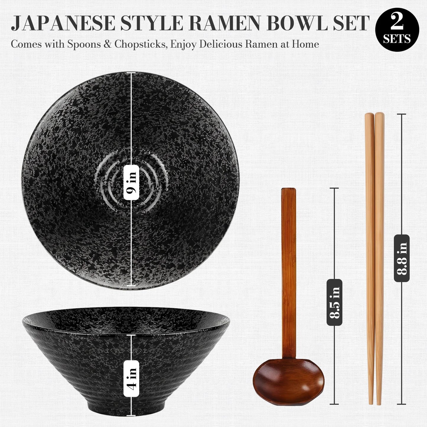 2-Piece Japanese Style Ramen Bowl Set, 9 Inch Large Ceramic Bowls with Spoons and Chopsticks for Noodles Soup Rice Kitchen Tableware Microwave Oven Bakware