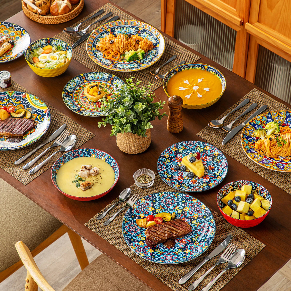 vancasso 24 PCS Ceramic Dinnerware Set Porcelain Bohemian Style Dinnerware with Dinner/Dessert Plate/Cereal/Pasta Bowl For 6