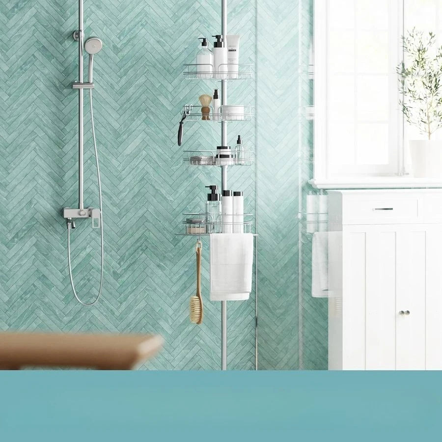 Rust Resistant Tension Pole Corner Shower Caddy With 4 Baskets And Towel Bar