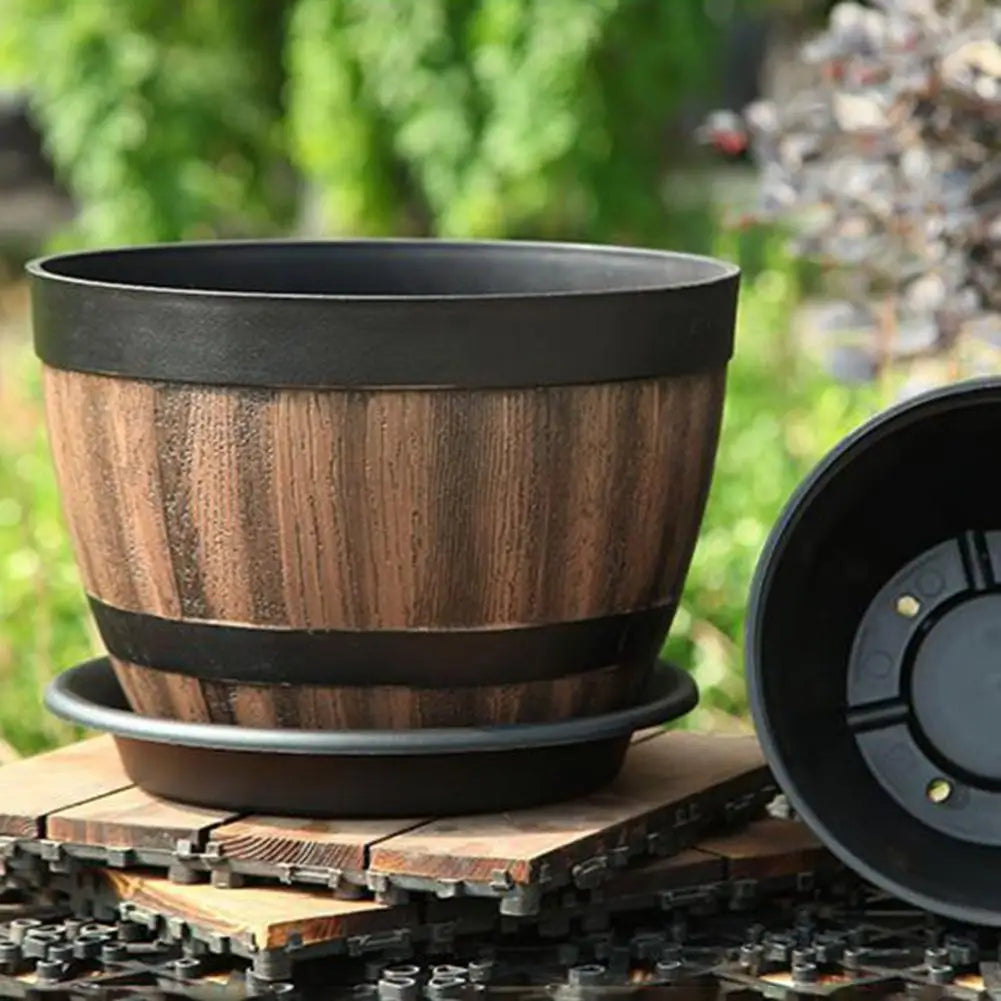 Rustic Farmhouse Whiskey Barrel Planter Plastic Flower Pot Drainage Holes