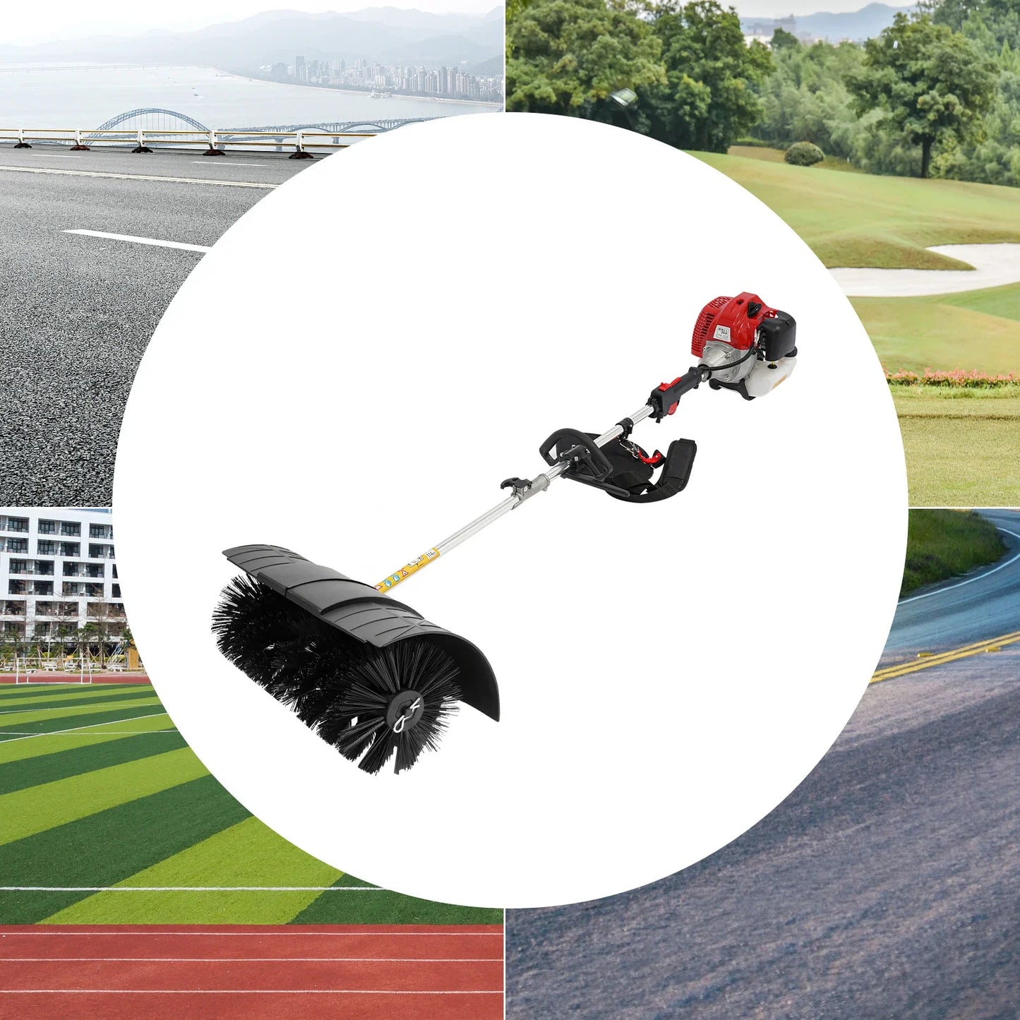 Hand Held Walk Behind Sweeper 2-Stroke 2.3Hp/1700W Gas Power Lawn Sweeper, Broom Petrol Walk Sweeper Brush Outdoor Garden