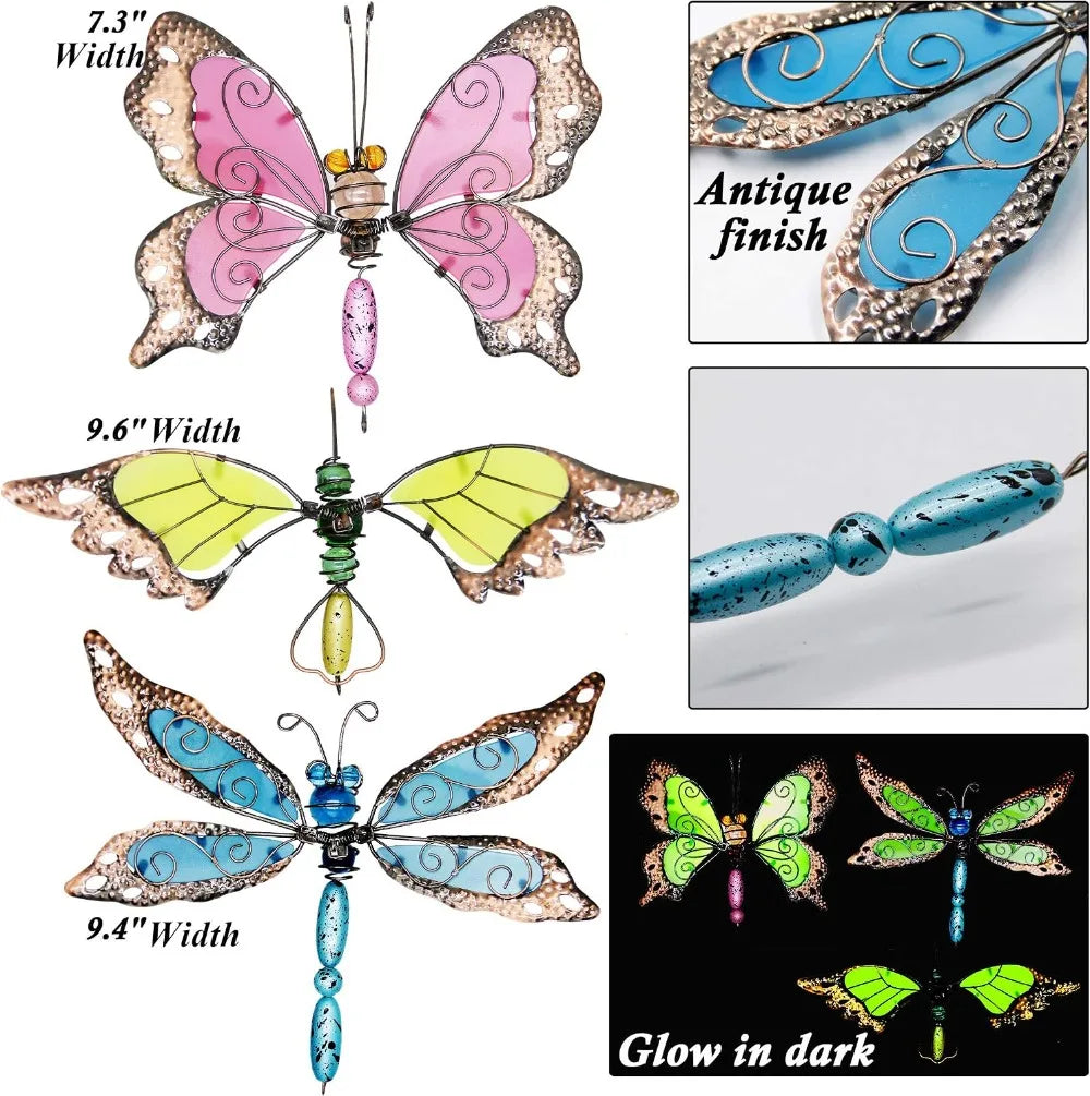 Glow Metal Garden Stakes Butterfly Dragonfly Hummingbird Set of 3