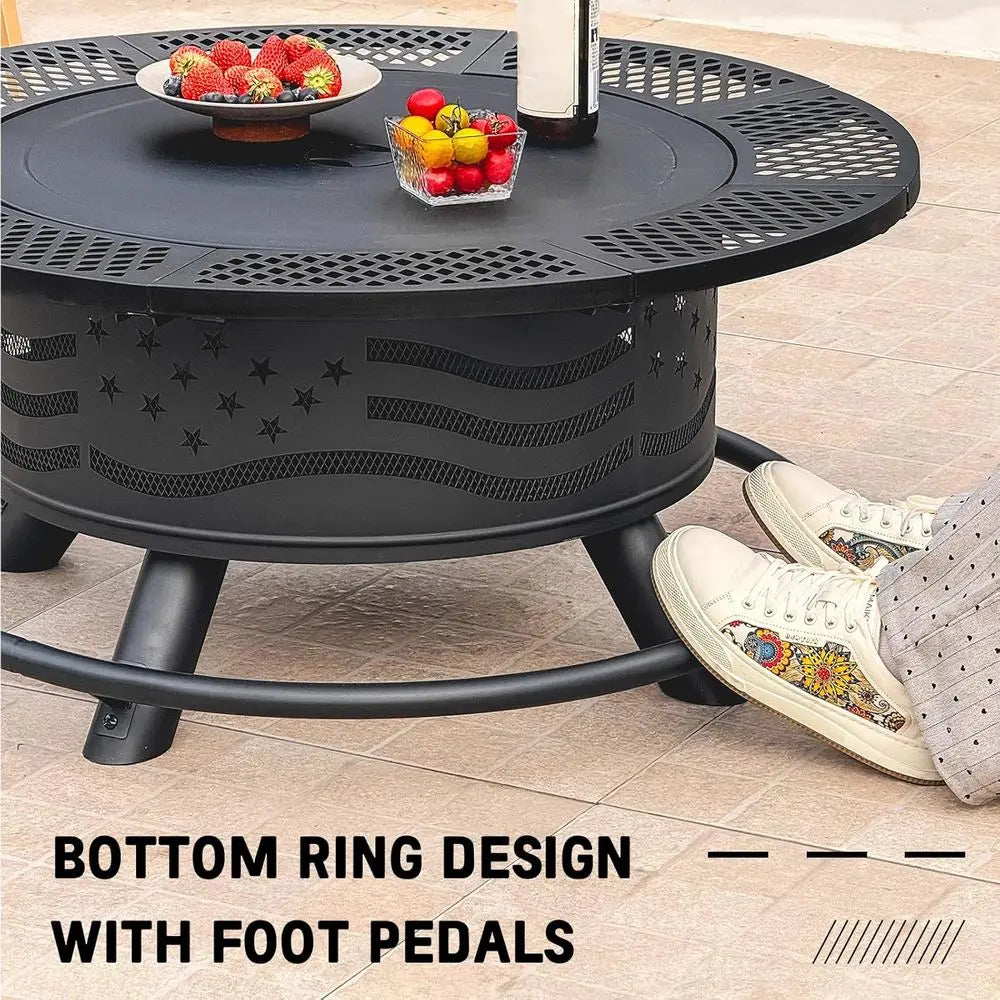 Outdoor Steel Fire Pit With Grates BBQ Grill Cover