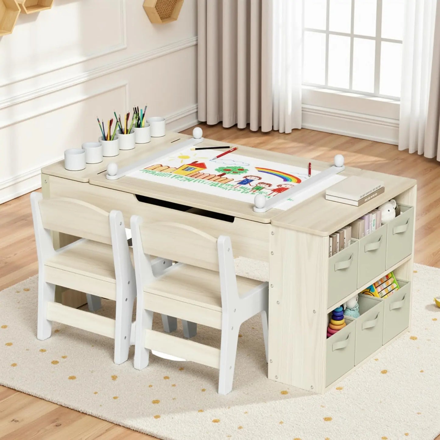 Modern Wooden Childrens Table With Storage And Two Chairs
