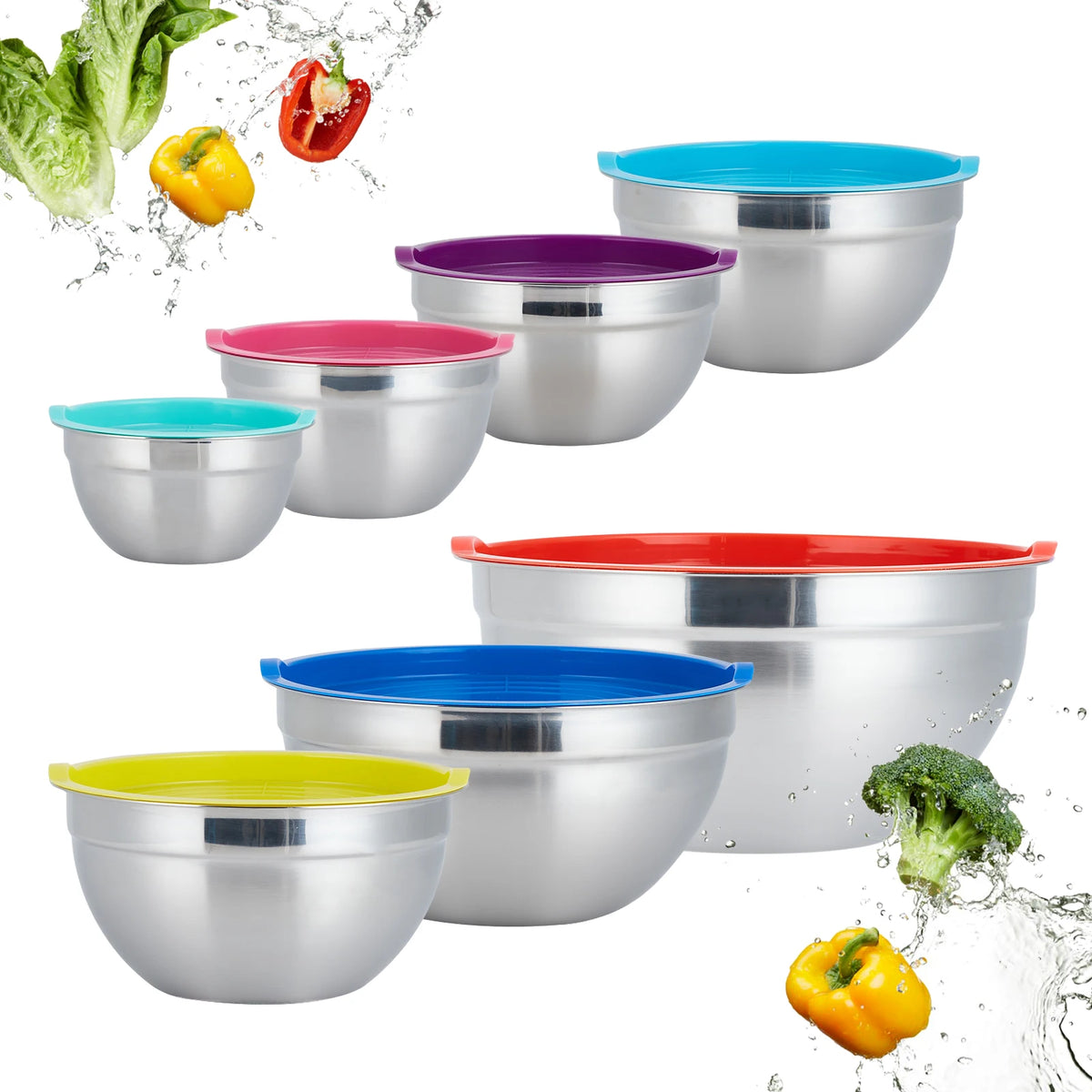 7 PCS Stainless Steel Mixing Bowls with Airtight Lids, 7–11 Inch Nesting Bowls for Kitchen Prep Mixing