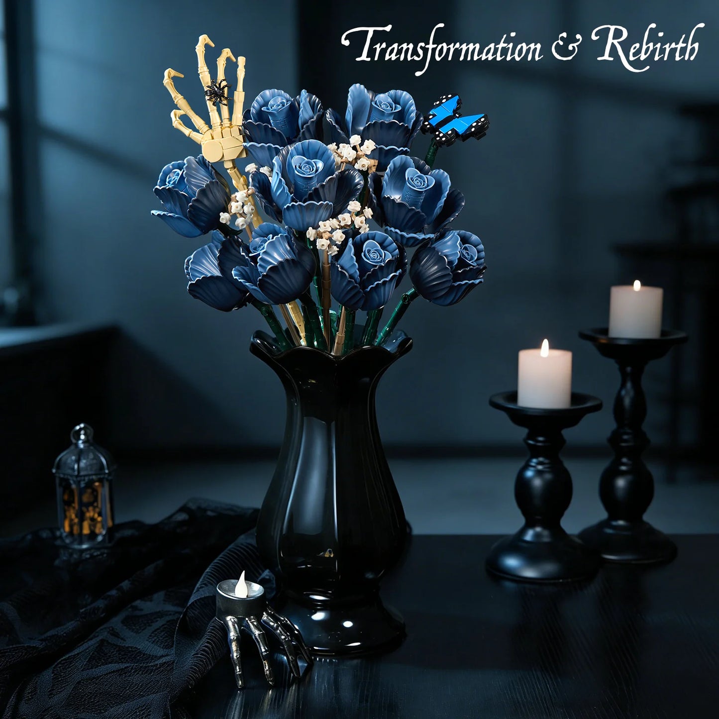 Corpse Bride Bouquet Building Blocks Set Blue Rose Flower Model