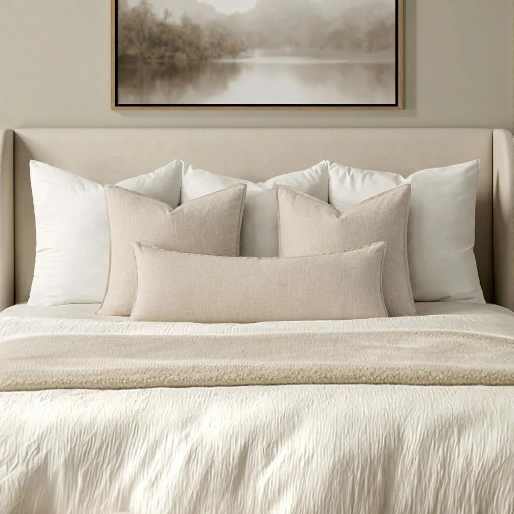 Boho Lumbar Throw Pillow Cover 14x36 Natural Beige Linen Cotton Flange Edge