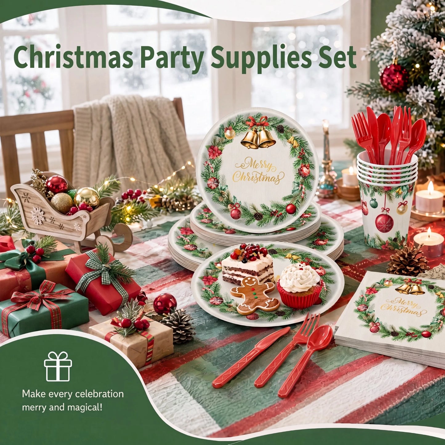 `Christmas Party Supplies Set, 350 Pcs Disposable Dinnerware Set with Plates Cups Napkins Cutlery for 50 Guests`