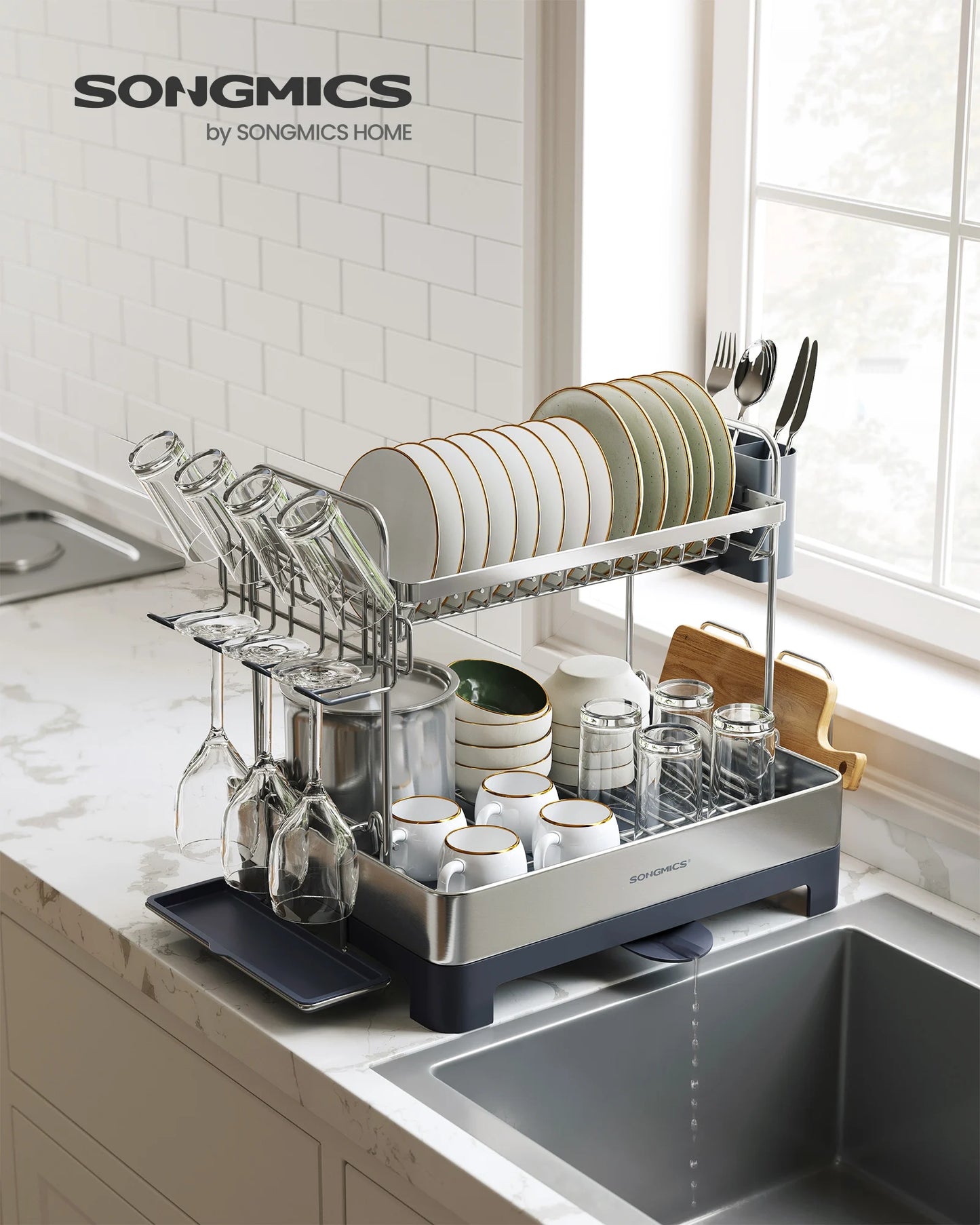 SONGMICS 2 Tier Dish Drying Rack With Rotatable Drain Spout