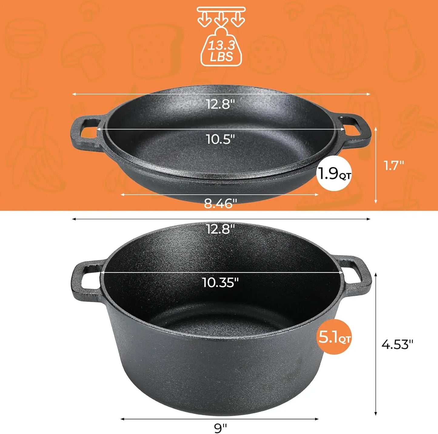 Pre-Seasoned Cast Iron Double Dutch Oven With Loop Handles, Pot + Lid - Cast Iron Dutch Oven with Lid BBQ,7/9 Quart