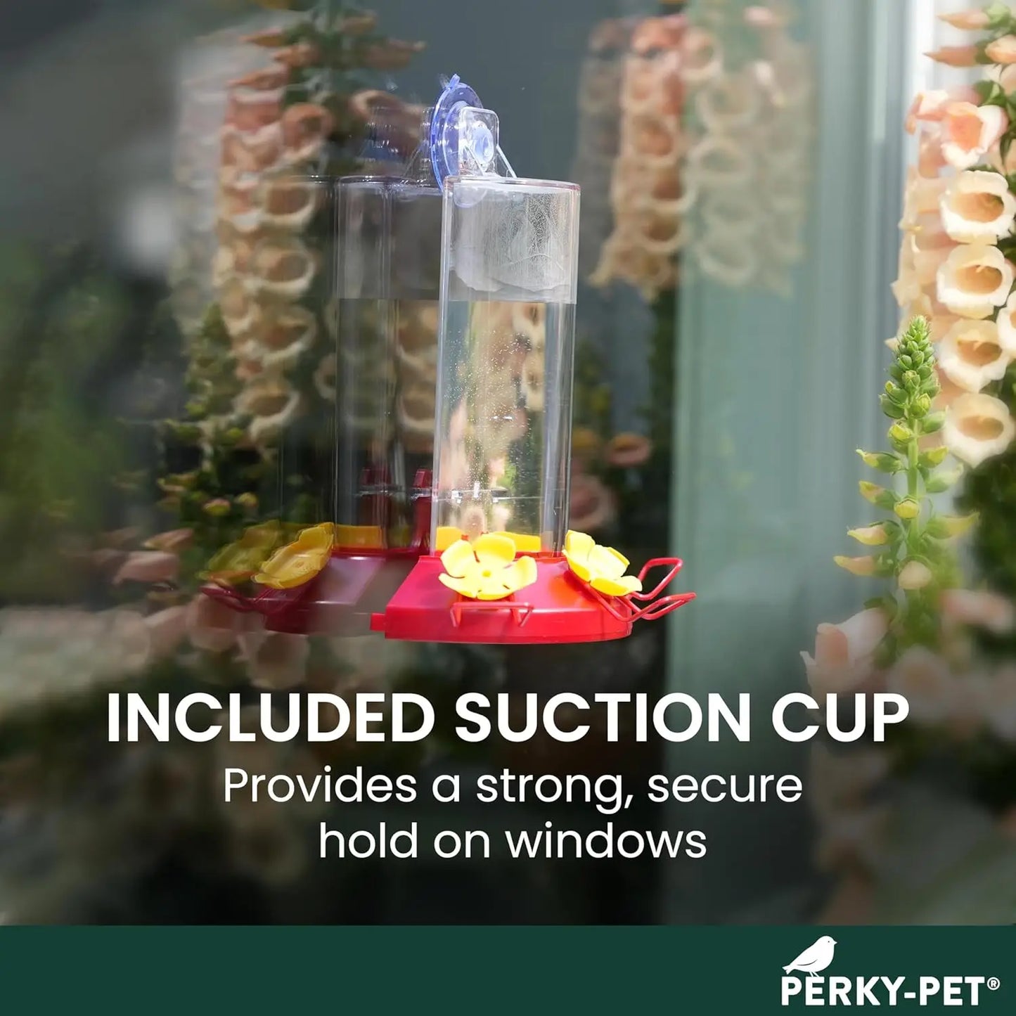 Window Mount Hummingbird Feeder - 8 oz Nectar Capacity, 3 Bee Guard Ports, Suction Cup and Removable Perches, Clear Plastic Shat