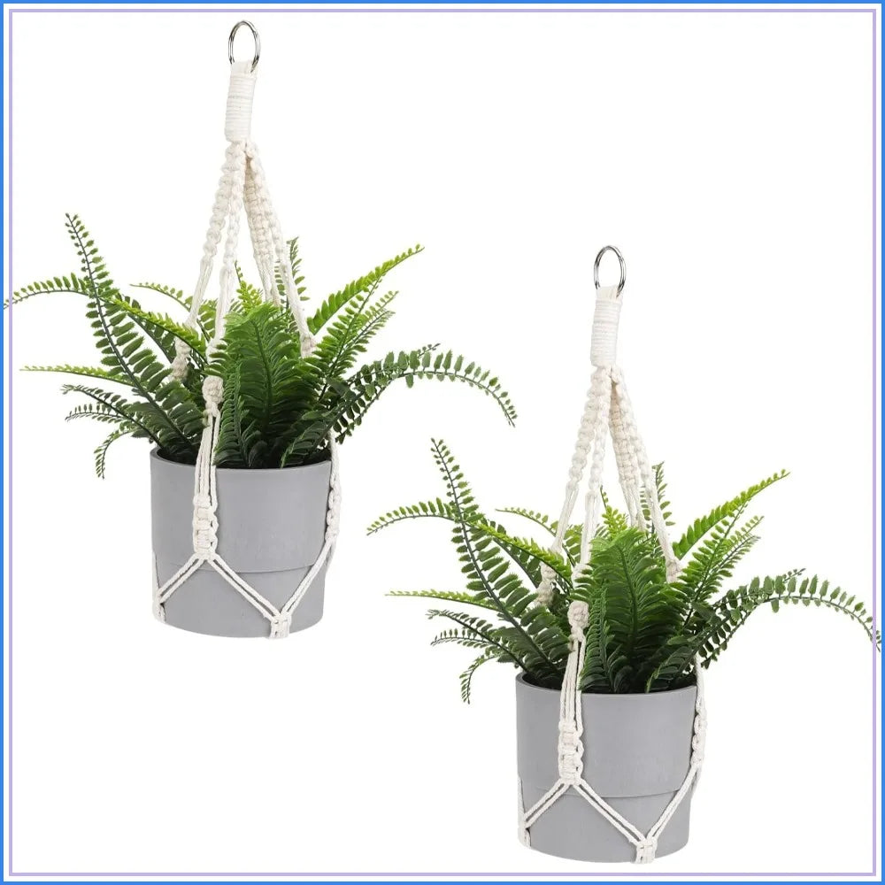 Boho Macrame Plant Hanger 2 Pack, 20" Ivory Cotton Rope Hanging Planter Basket with Metal Hook Rings for Indoor Outdoor Decor