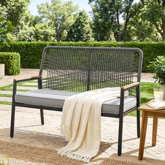 Modern Rattan Patio Loveseat With Cushion And Metal Frame