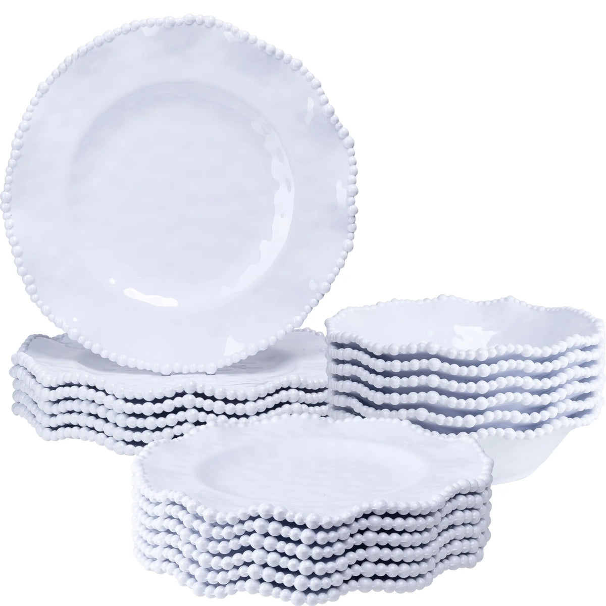 Cream 12pcs Beaded 100% Melamine Dinnerware Set, Elegant Scalloped Edge Durable & Shatterproof Outdoor Dining Set,Unbreakable Plates & Bowls Set for Indoor/Outdoor Use, Dishwasher Safe