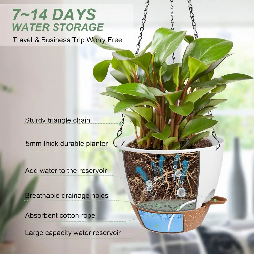 Self-Watering Hanging Planters 2-Pack, 6" White with Drainage & Removable Tray