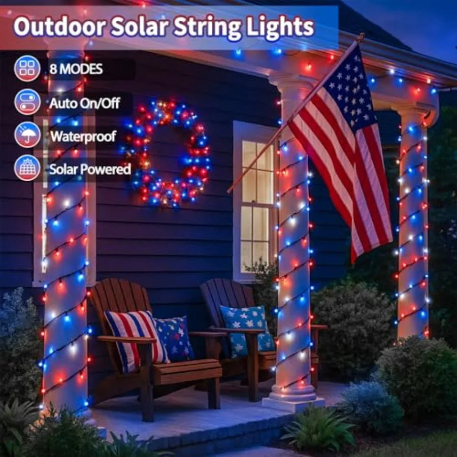 Solar String Lights 30LED Patriotic Outdoor Waterproof With 8 Modes