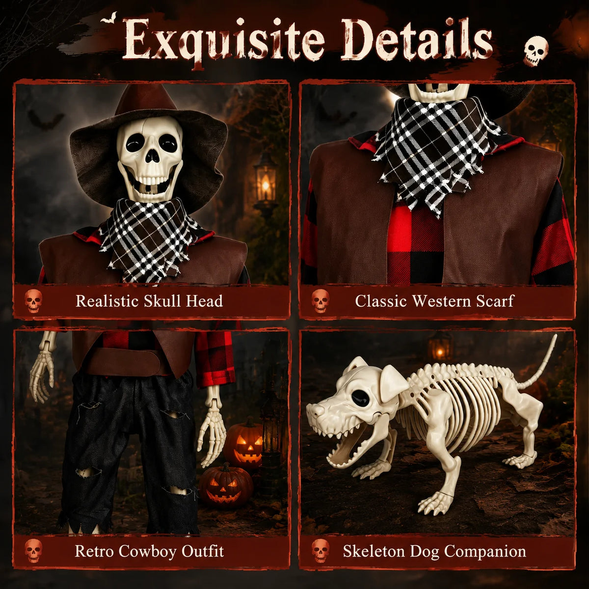 Posable Skeleton And Dog Halloween Cowboy Outdoor Decorations