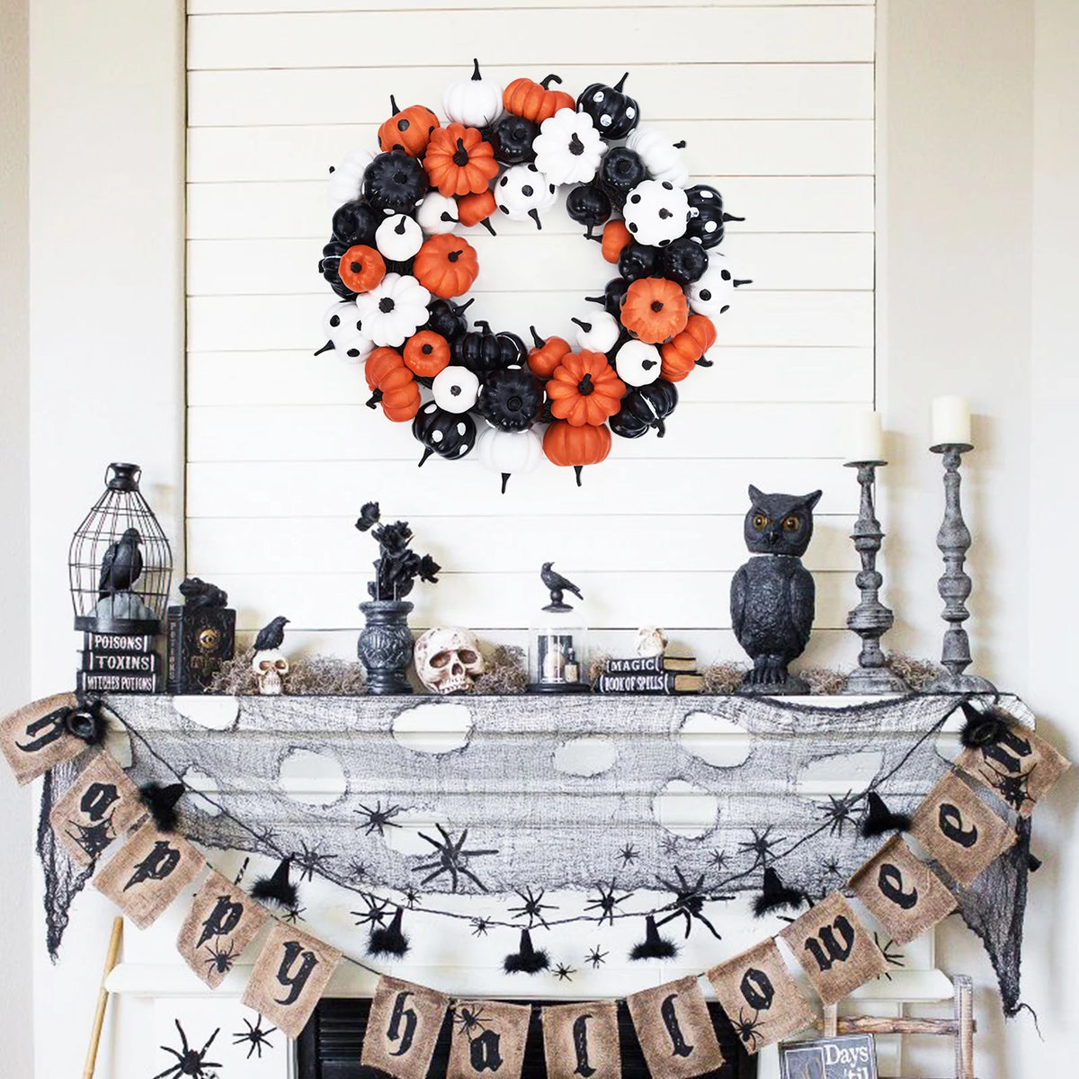 Halloween Pumpkin Wreath with Rattan Base for Fall Home Decor