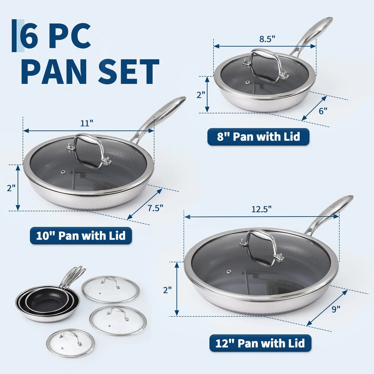 HiMiss Stainless Steel Nonstick Frying Pan Set Glass Lids