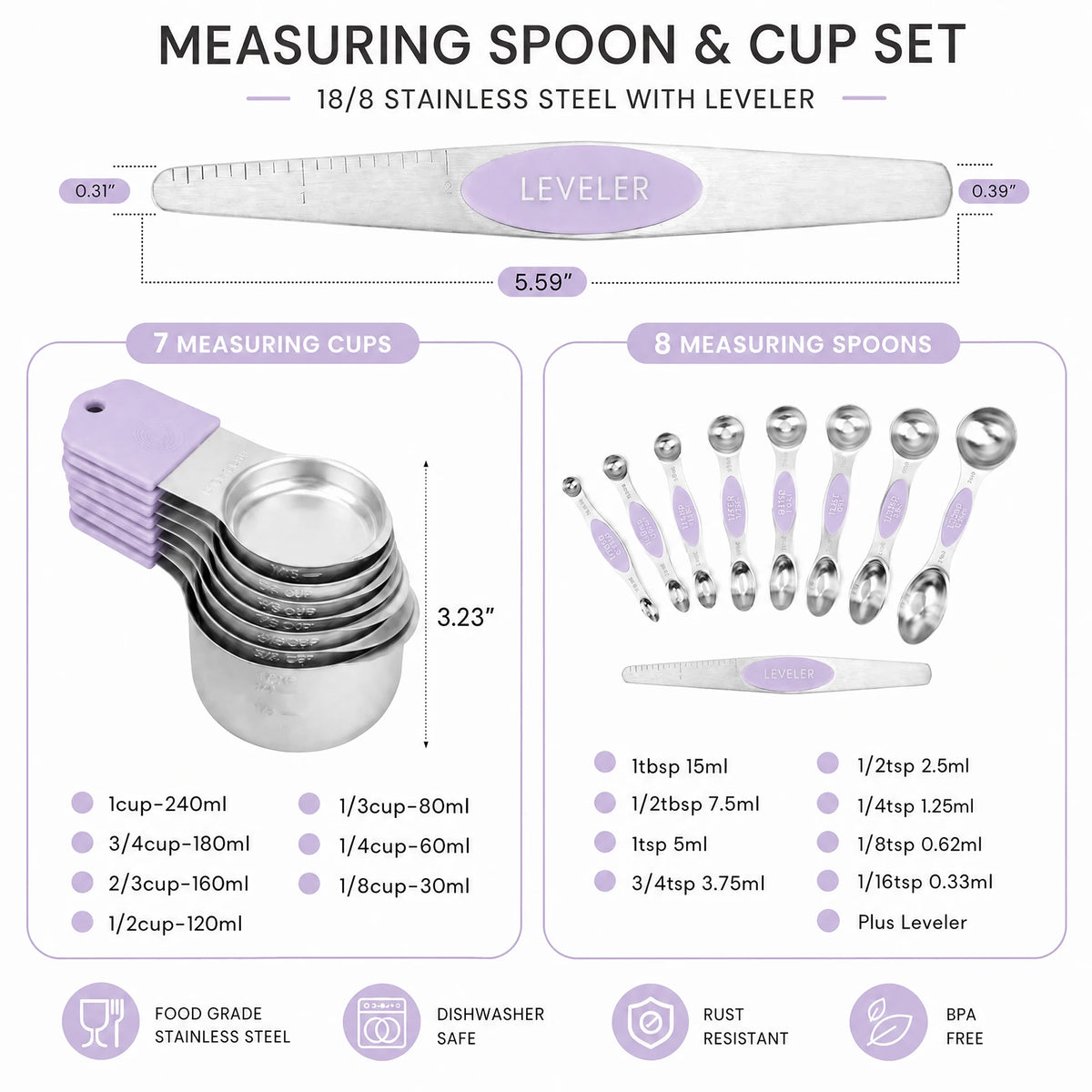 16 PCS Stainless Steel Measuring Cups and Spoons Set, Purple Silicone Handles with Leveler for Baking Cooking