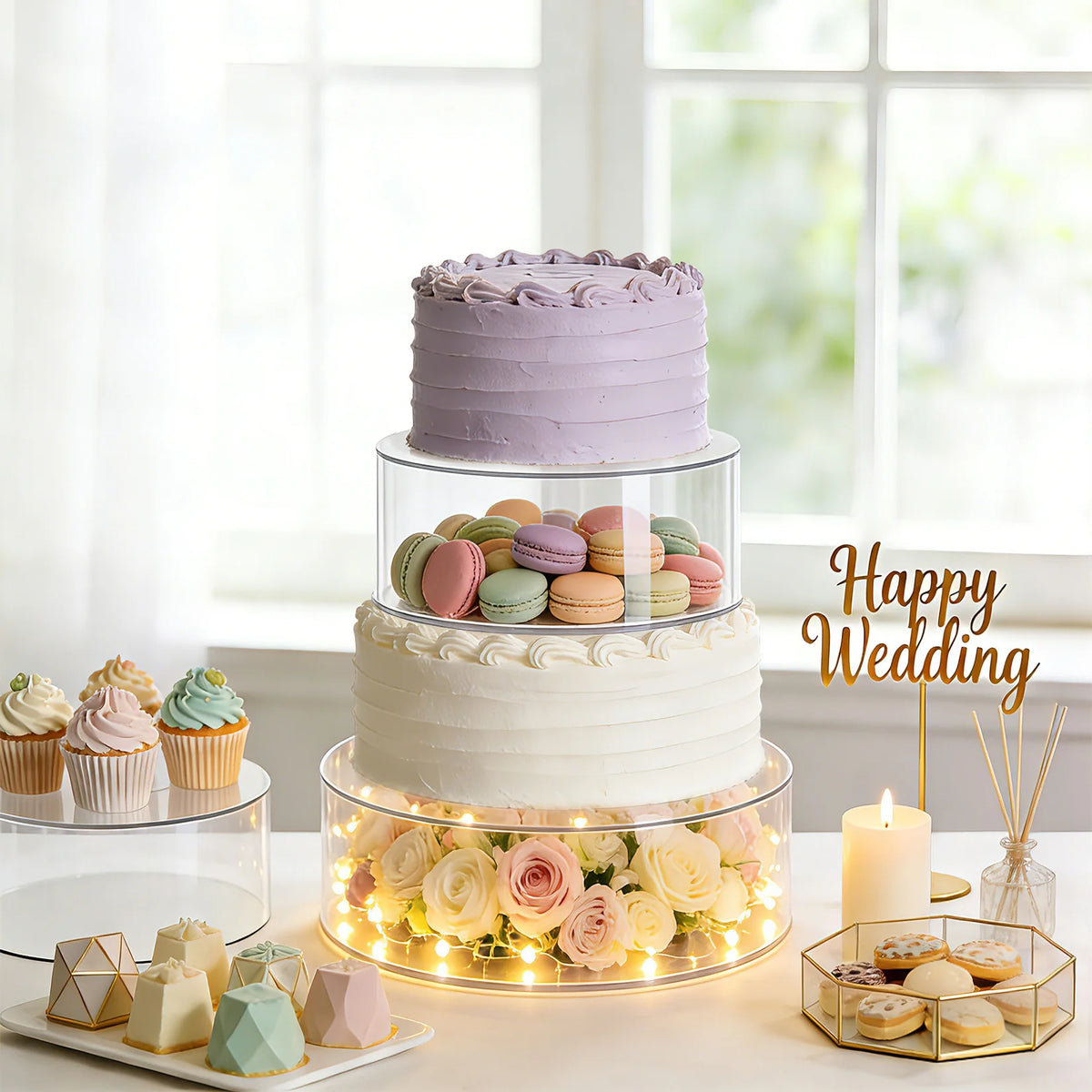 3 PCS Acrylic Cake Stands, Round Clear Fillable Cake Display Risers with LED Light for Wedding Birthday Party