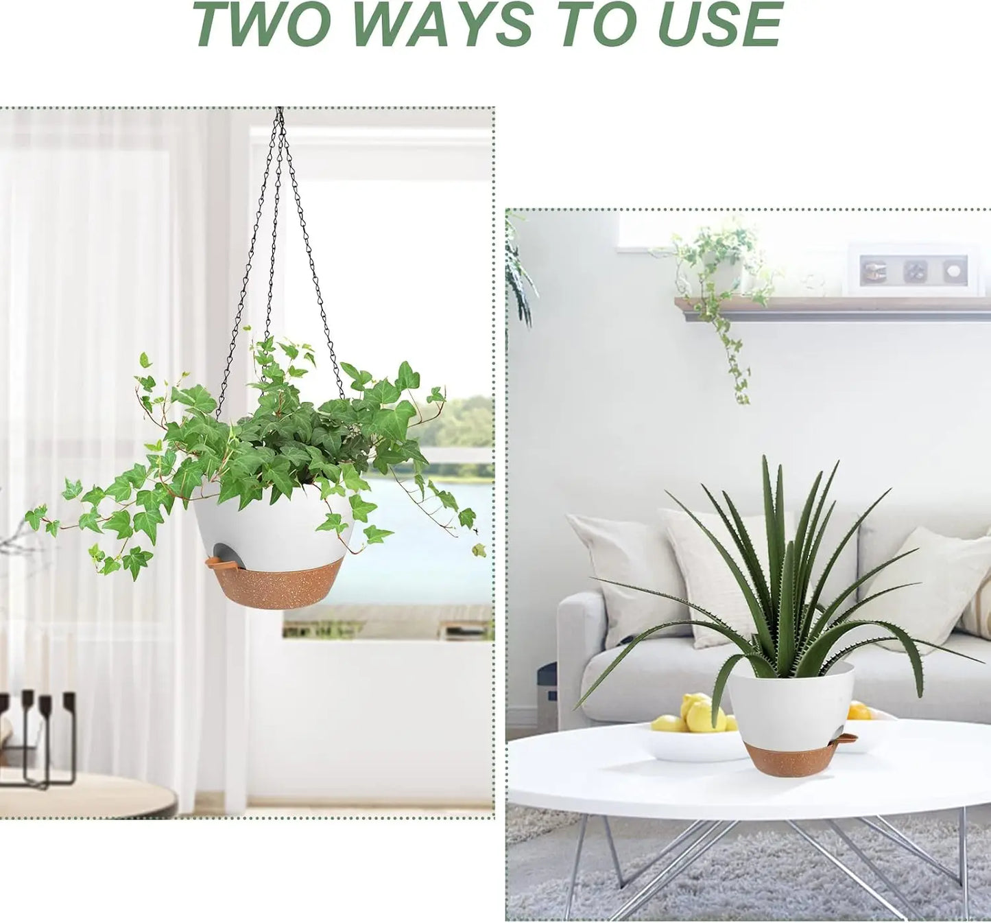 Self-Watering Hanging Planters 2-Pack, 6" White with Drainage & Removable Tray