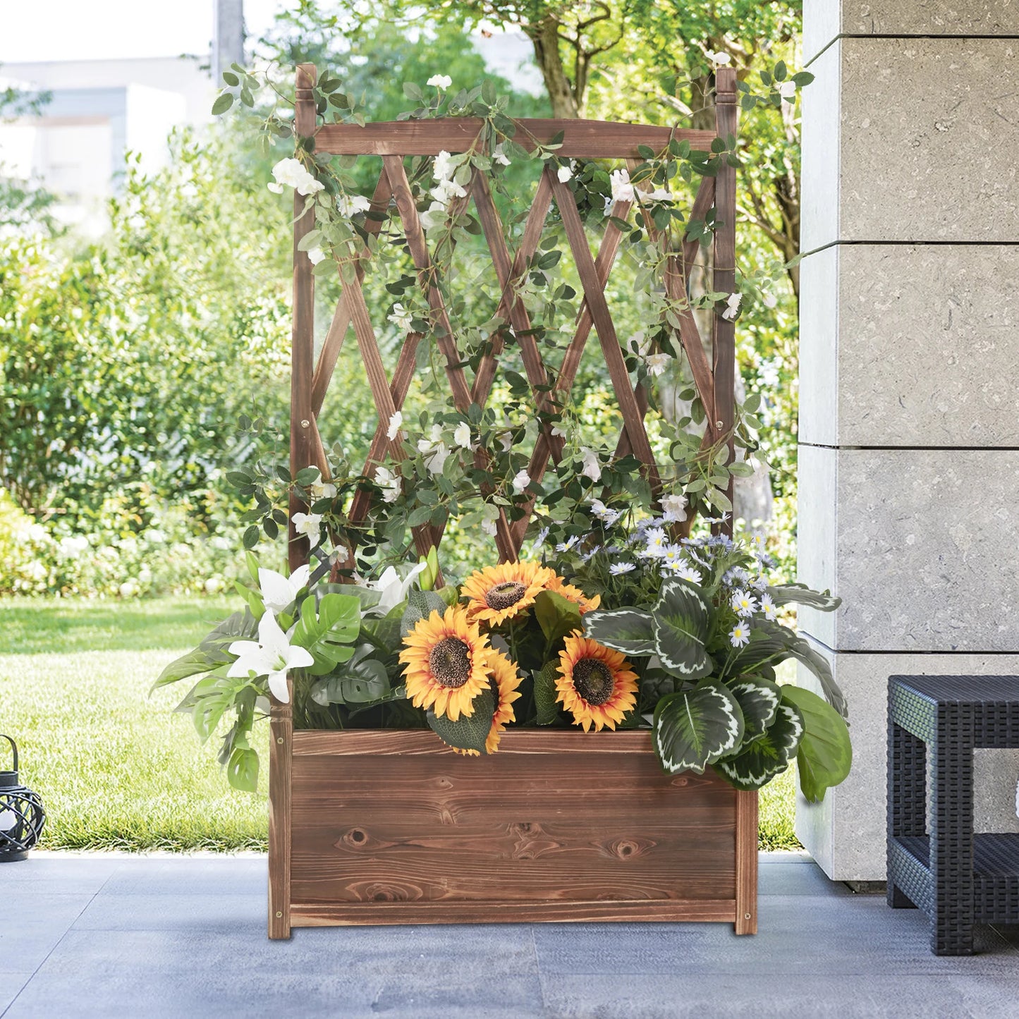 Elevated Wood Garden Bed With Trellis Planter For Herbs