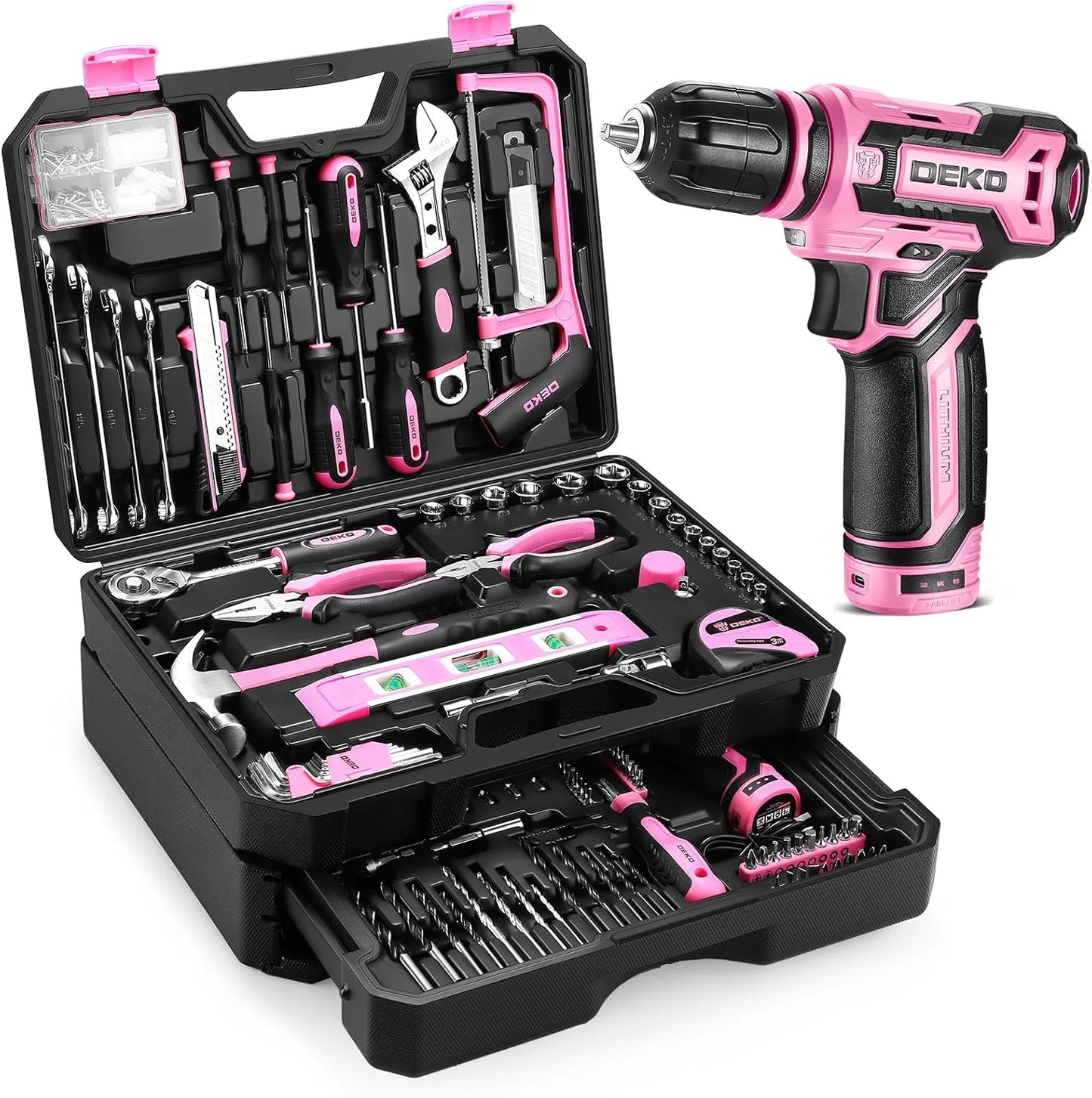 DEKODIY Home Mechanic Toolbox With 12V Cordless Drill Kit