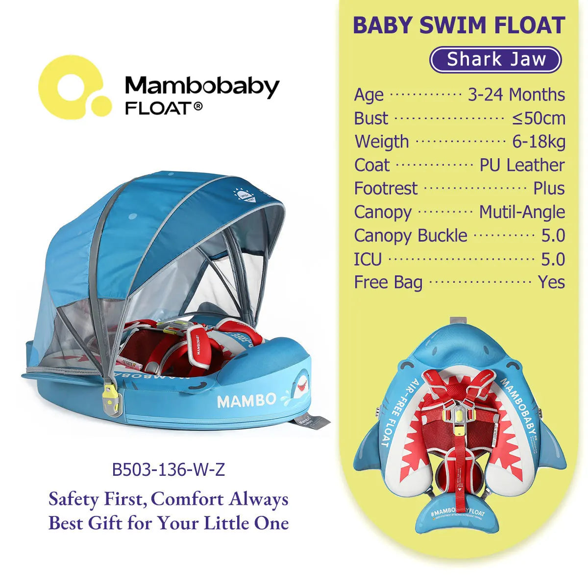 Mambobaby Float No-Slip Safe Harness ST-Cup Cake B503-150-W-Z  Safe Core No Inflation No Leaks Baby Swim Ring Toddler Pool Float