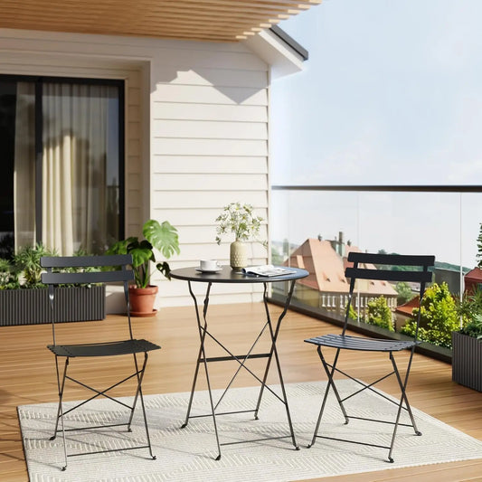 TWISTER.CK Three Piece Patio Bistro Set Folding Iron Table Chairs