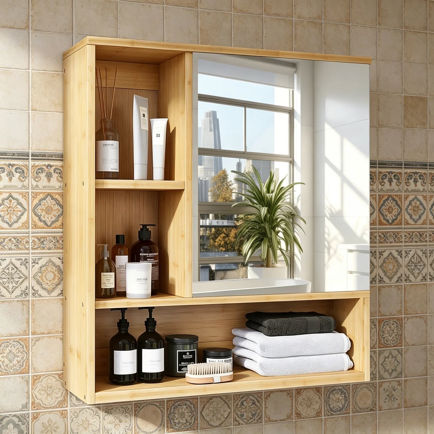 Bamboo Wall Cabinet Bathroom Storage Cabinet Wall Mounted for Entryway Kitchen Vanity Cabinet with Mirror Adjustable Shelf