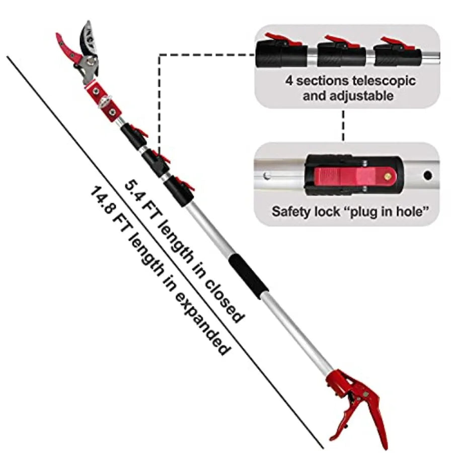 5.4-14.8 FT Tree Pruner Extendable 4 Sections Telescopic Cut and Hold Trimmers Pole Saws Trimming Long Reach Pruning Shears Bra