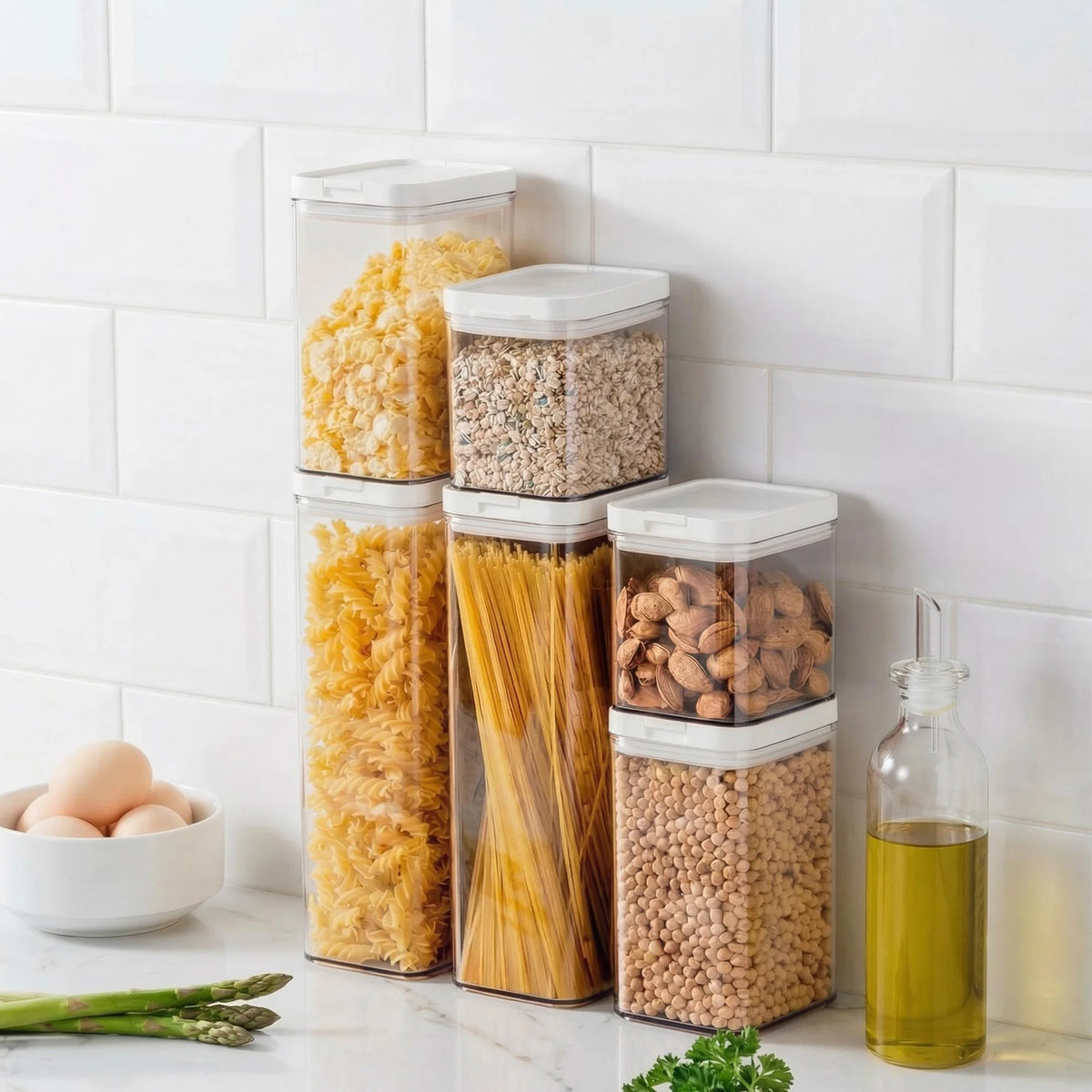 6pcs Set Airtight Food Storage Containers, Clear Plastic Sealed Jars with Flip Lid, Multi‑Capacity Kitchen Pantry Organizer for Pasta Cereal Snack