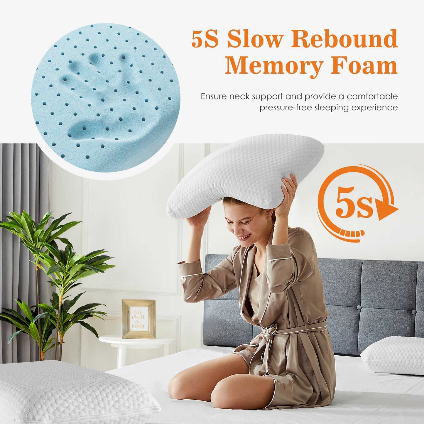 MCQ 1-piece Neck Pillow Comfort Memory Foam Pillows Standard Size Removable Washable Cover Ventilated Cooling Bed Pillow