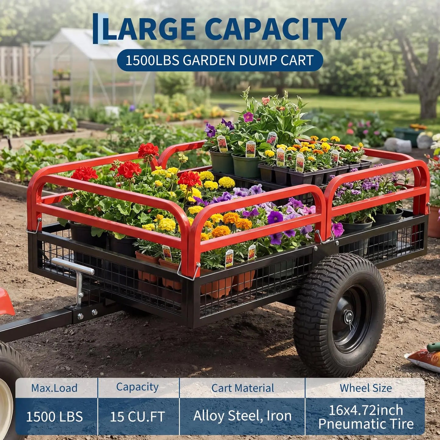 Acekool Heavy Duty Steel Garden Dump Trailer For Lawn Tractors