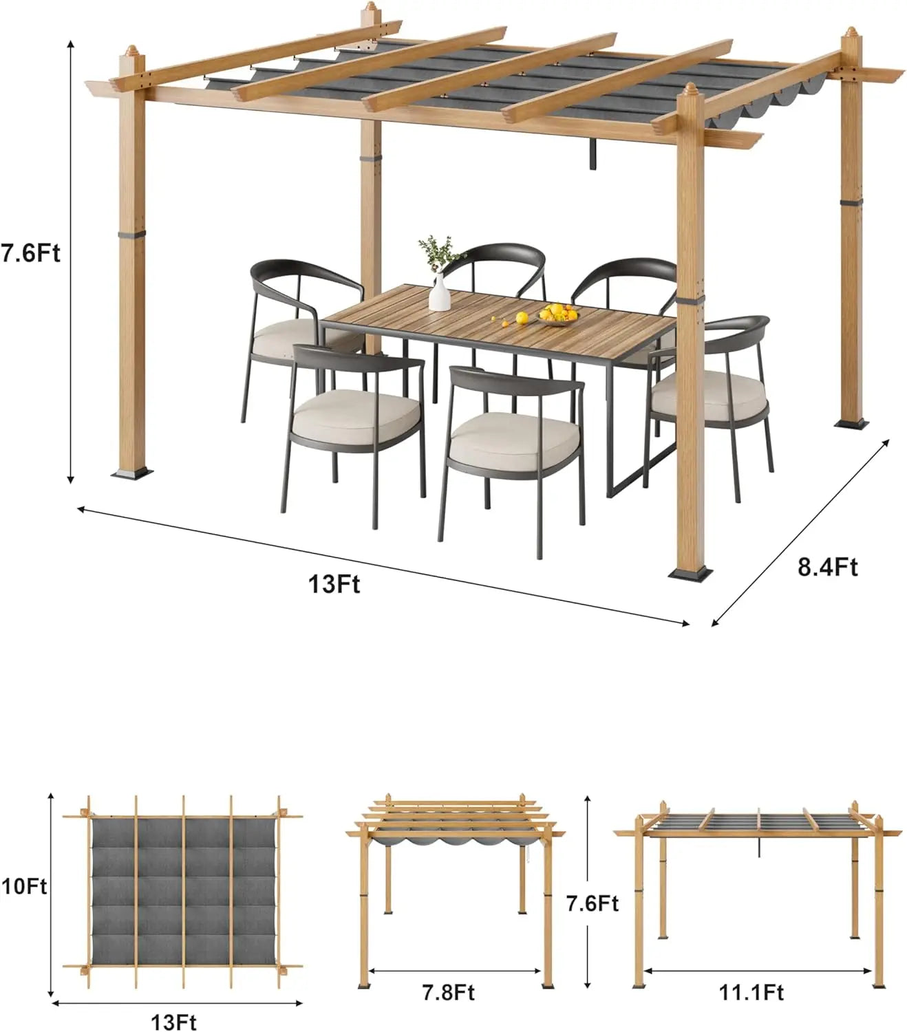 HiMISS Outdoor Pergola With Retractable Canopy Faux Wood Grain Aluminum