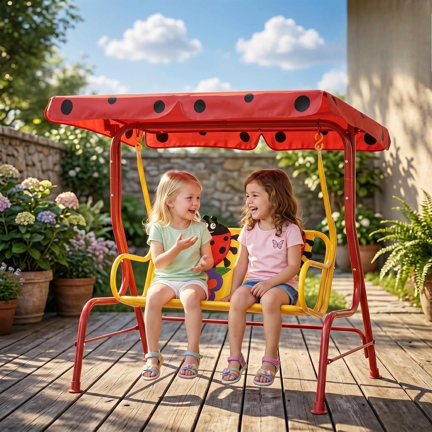Kids Patio Swing, 2-Seater Outdoor Swing Chair with Adjustable Canopy and Safety Belt, Lion Pattern Hanging Swing, Customized