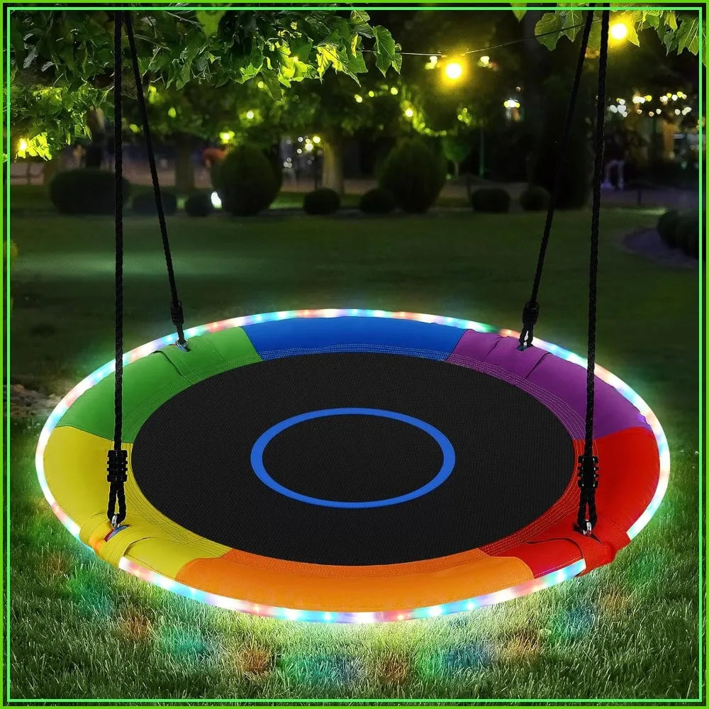 700lbs 40" Saucer Tree Swing with LED Lights, 2 Tree Hanging Straps - Rainbow