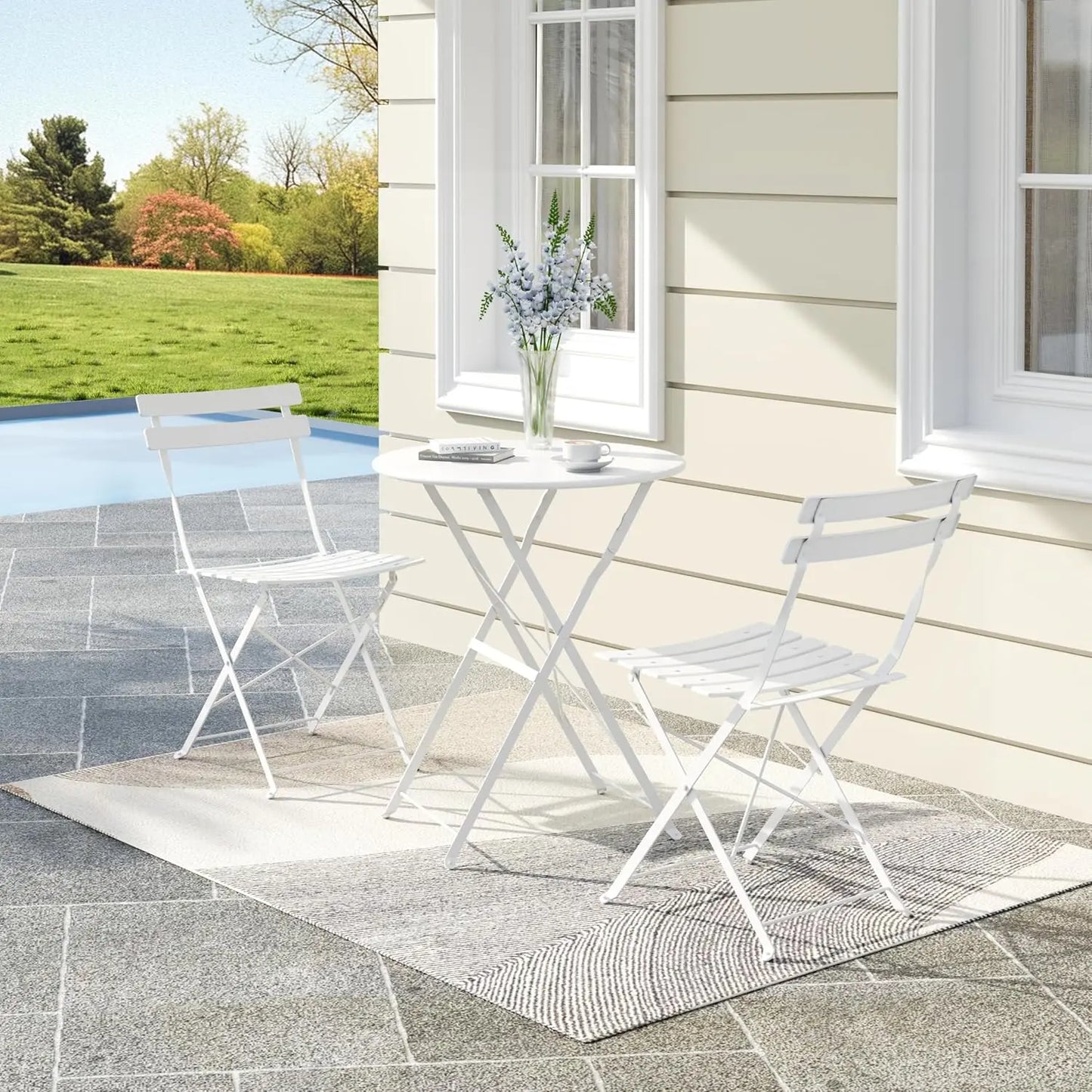 TWISTER.CK Three Piece Patio Bistro Set Folding Iron Table Chairs