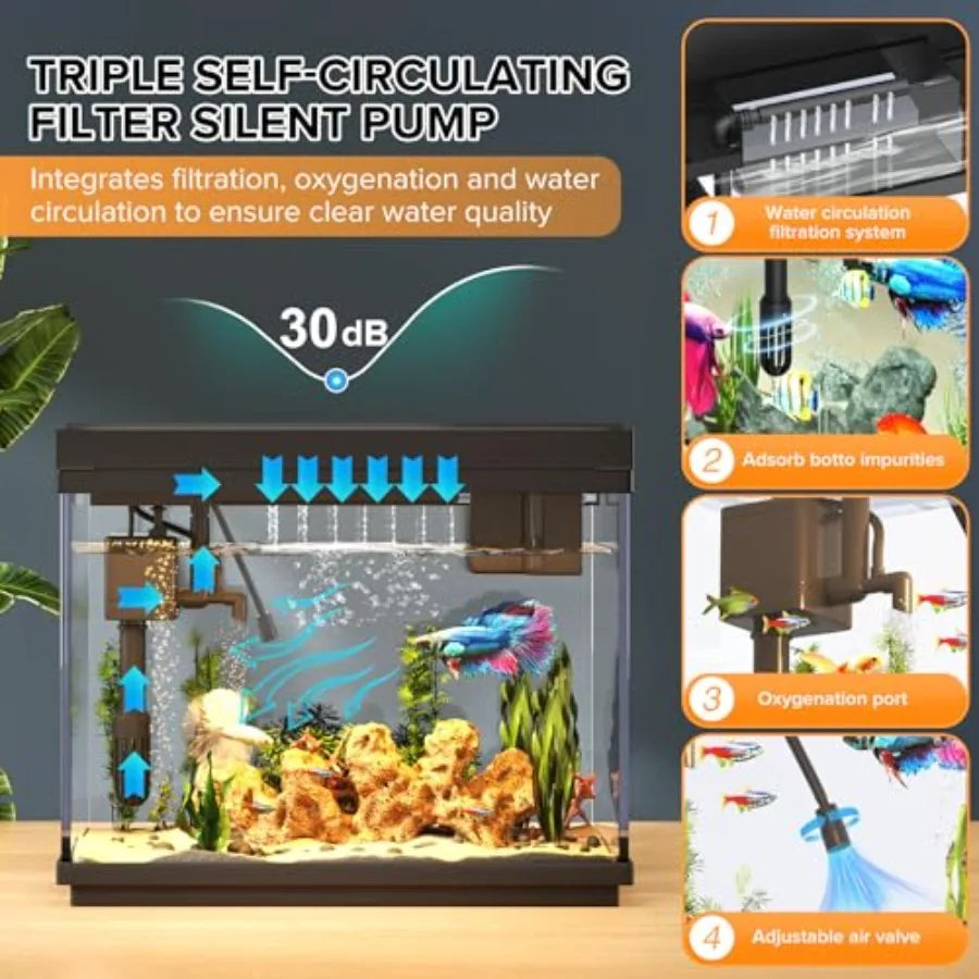 Fish Tank, 2.4 Gallon Fish Aquarium, Fish Tank Starter kit with Smart Humidifier, Temperature Display, 7-Color Lighting, 3 in 1