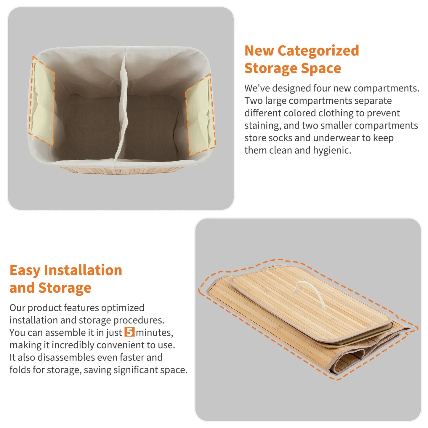 HiMISS Bamboo Laundry Hamper With Removable Four Section Liner