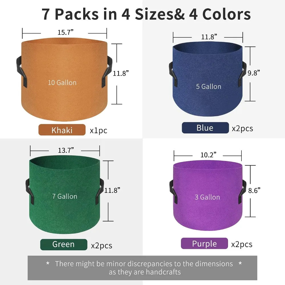 400G Thickest 7-Pack Plant Grow Bags, 10/7/5/3 Gallon, Colorful Fabric Pots with Labels