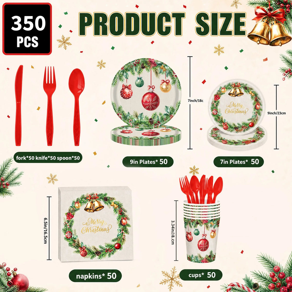 `Christmas Party Supplies Set, 350 Pcs Disposable Dinnerware Set with Plates Cups Napkins Cutlery for 50 Guests`