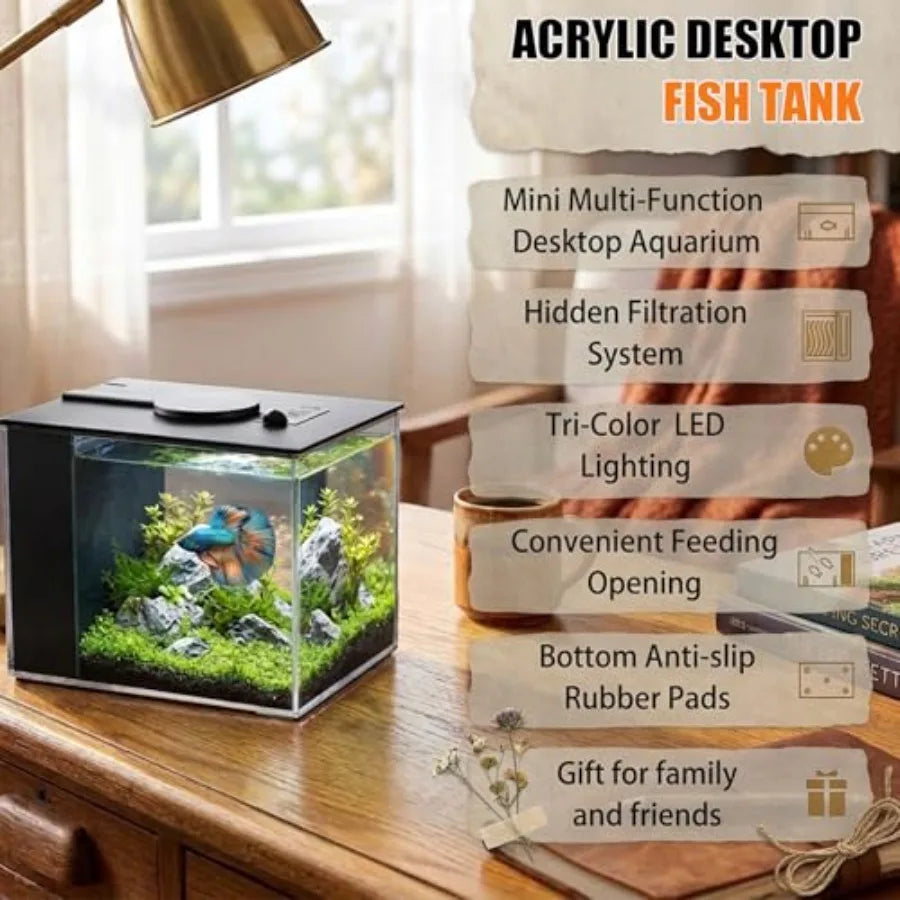 Betta Fish Tank 1 Gal 3.7L,Acrylic Nano Aquarium Kit With Water Filter Pump and LED Light, Ideal for Small Fish, Shrimp and Pla